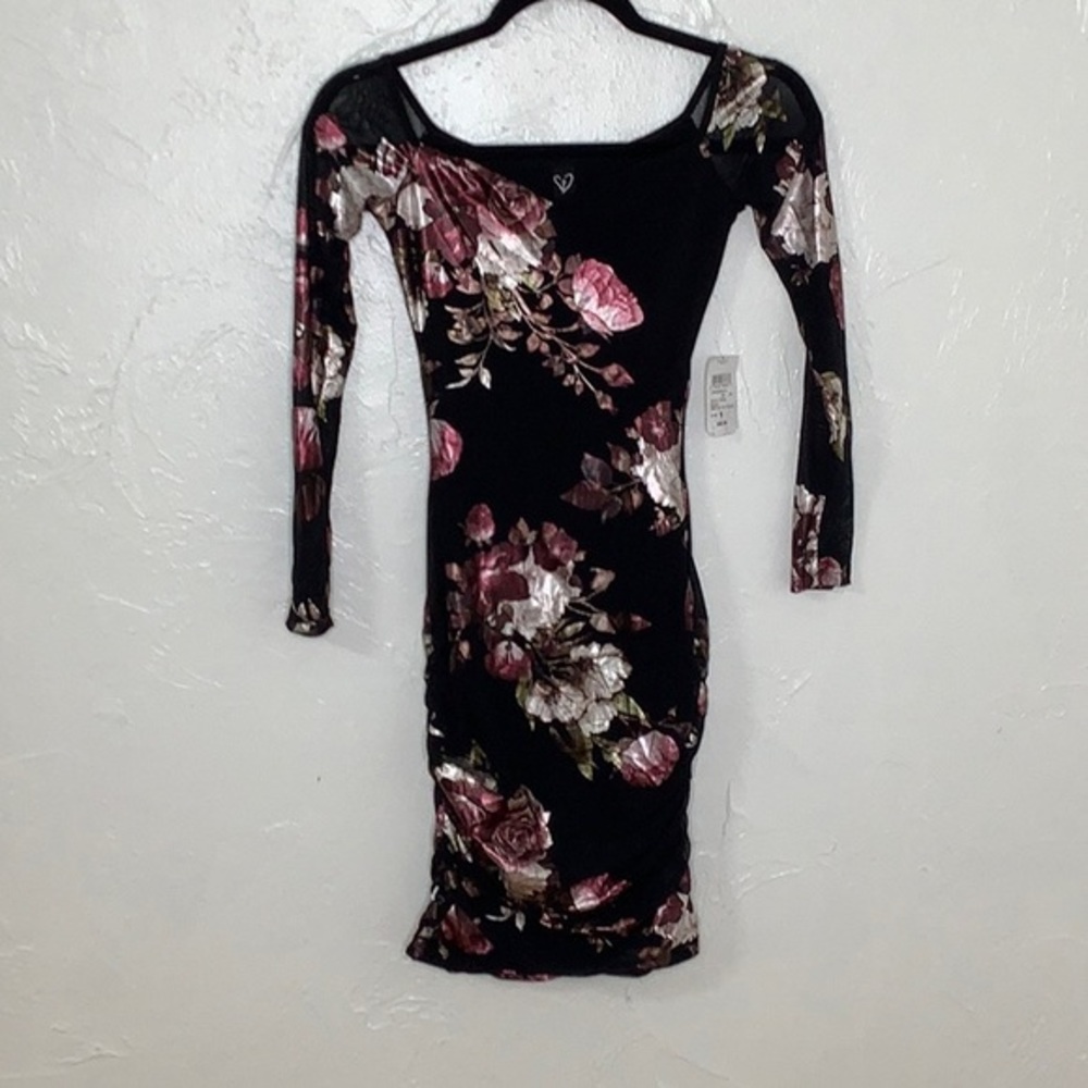 Windsor metallic roses bodycom mesh sheer sleeves mini dress SZ Small NWT